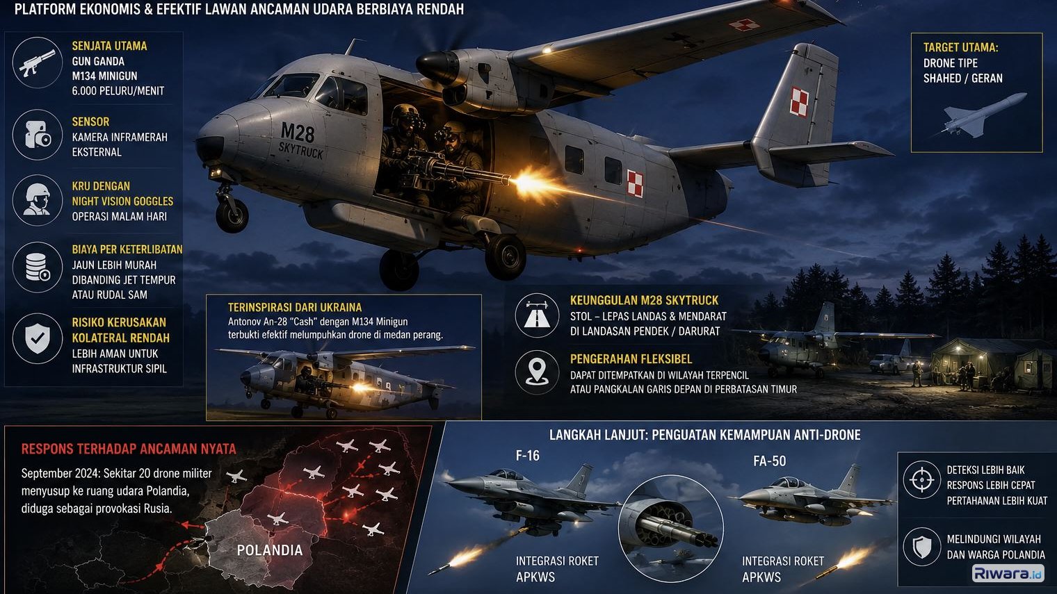 Ilustrasi pesawat M-28 Skytruck versi pemburu drone dibuat dengan bantuan ChatGPT AI